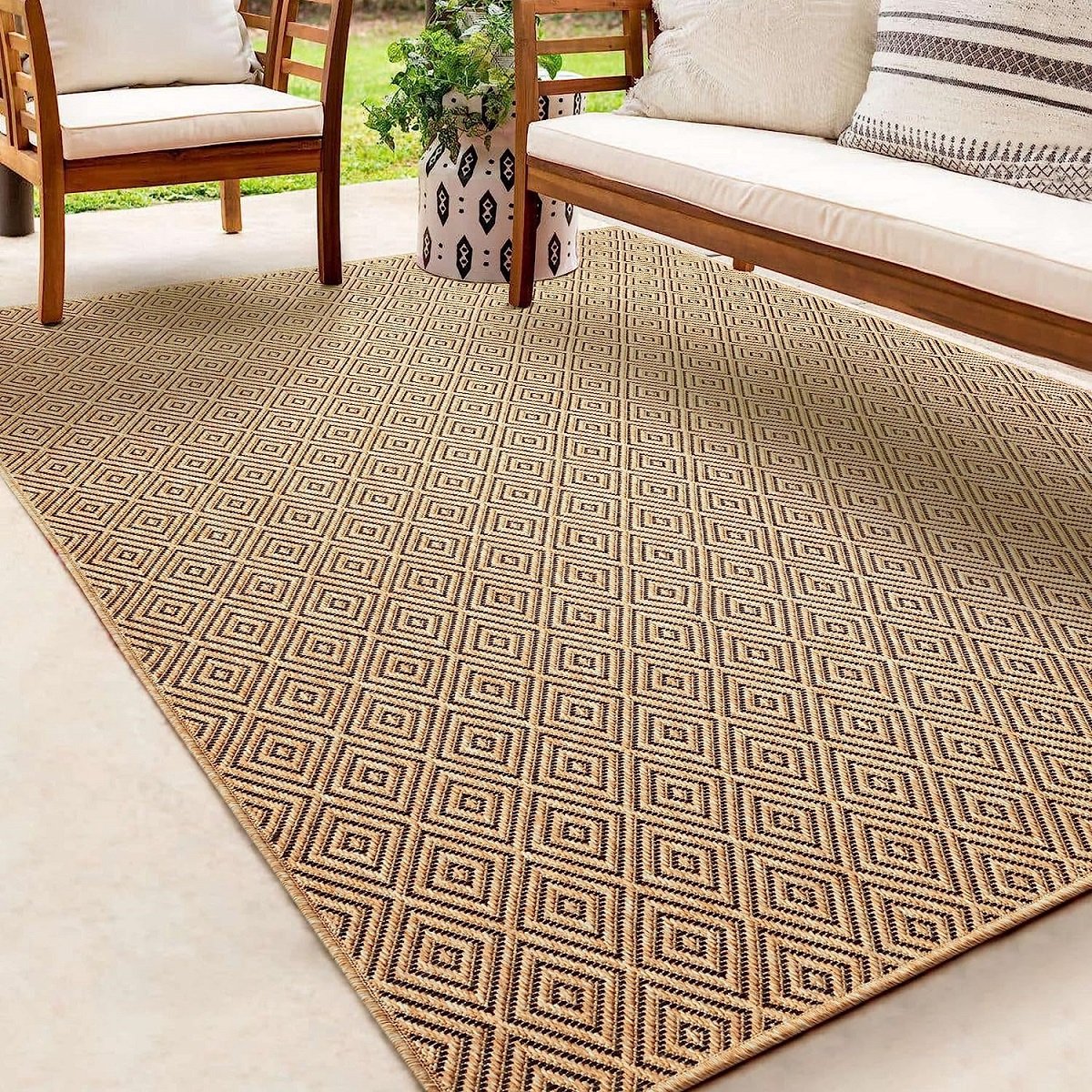 Vloerkleed Kenzy – Geschikt voor Binnen en Buiten – Natuurlijk Ruitmotief – Beige Bruin-80 x 250 cm