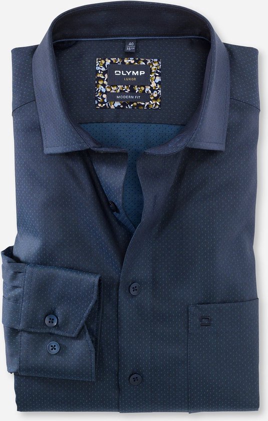OLYMP Luxor modern fit overhemd - popeline - marineblauw - Strijkvrij - Boordmaat: 40