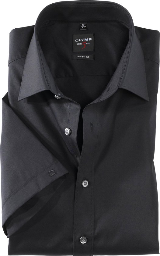 OLYMP Level 5 body fit overhemd - korte mouwen - zwart - Strijkvriendelijk - Boordmaat: 45