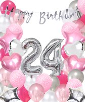 Snoes Ballonnen 24 Jaar Pink Blush Silver Mega Ballon - Compleet Feestpakket 24 Jaar - Verjaardag Versiering Slinger Happy Birthday – Folieballon – Latex Ballonnen - Helium Ballonnen - Zilver en Roze Verjaardag Decoratie