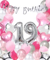 Snoes Ballonnen 19 Jaar Pink Blush Silver Mega Ballon - Compleet Feestpakket 19 Jaar - Verjaardag Versiering Slinger Happy Birthday – Folieballon – Latex Ballonnen - Helium Ballonnen - Zilver en Roze Verjaardag Decoratie