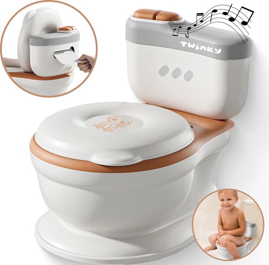 Twinky® Plaspotje – 3-in-1 Toilettrainer met Muziek & Flush knop – voor Kind, Peuter & Baby – Potje met deksel en WC Rolhouder – Toilet Potje peuter – WC Verkleiner – Opstapje