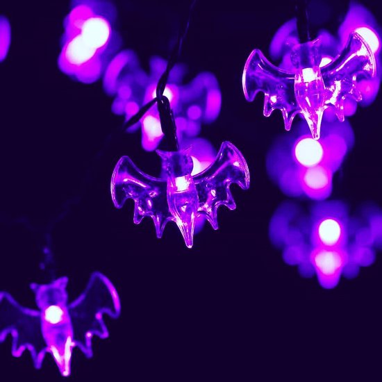 Guirlande lumineuse solaire Halloween chauve-souris - Guirlande lumineuse à 20 LEDs violettes - Eclairage jardin à énergie solaire - Eclairage LED violet