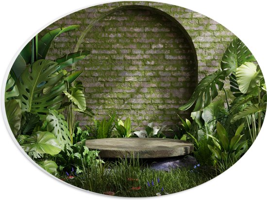 PVC Schuimplaat Ovaal - Tuin met Groene Planten - 28x21 cm Foto op Ovaal (Met Ophangsysteem)