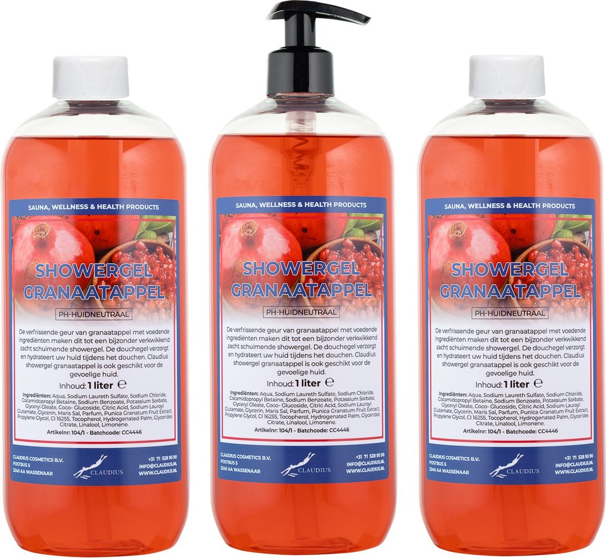 Goedkoopste Claudius Douchegel Granaatappel 1 liter - set van 3 stuks - met gratis pomp - Showergel