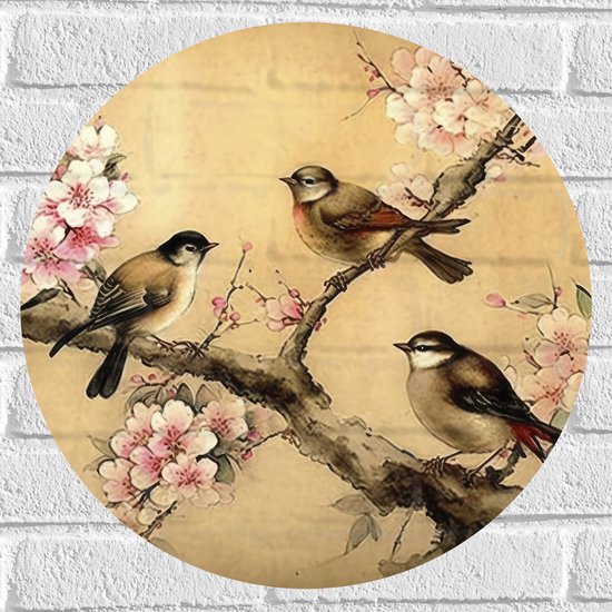Muursticker Cirkel - Tekening van Drie Vogels op Tak met Bloemen - 50x50 cm Foto op Muursticker