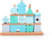 Liebelini - creatief speelgoed - set van stapelhuis en stapeltrein - houten speelblokken - blauw mintgroen - cadeau voor kinderen