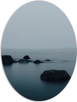 PVC Schuimplaat Ovaal - Oceaan - Zee - Stenen - Rotsen - Mist - Water - 72x96 cm Foto op Ovaal (Met Ophangsysteem)