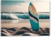 Acrylglas - Surfplank met Patroon in het Zand bij de Zee - 40x30 cm Foto op Acrylglas (Wanddecoratie op Acrylaat)