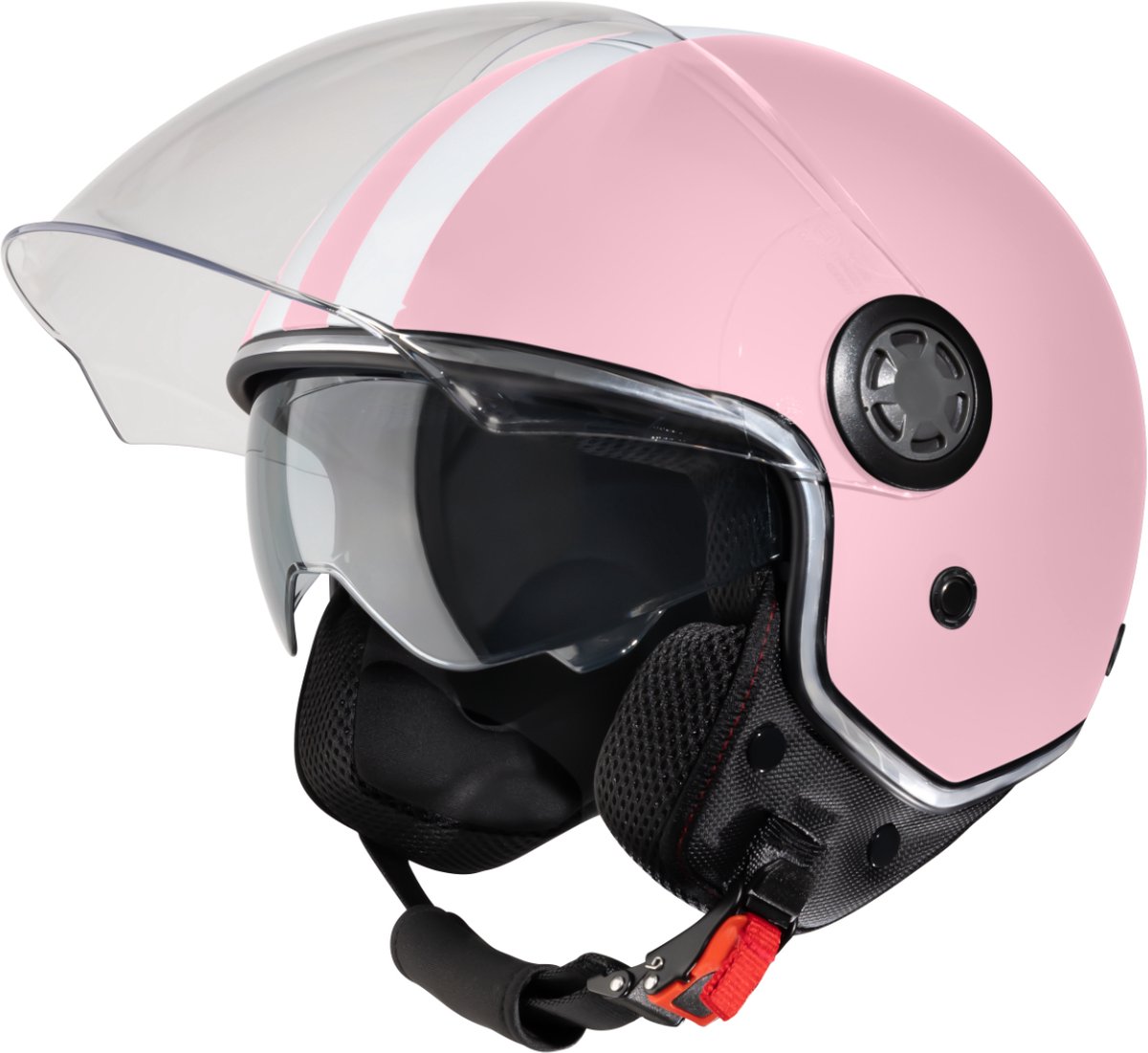 VINZ Parchi Scooterhelm met zonnevizier / Jethelm met streep / Brommer Helm / Dames helm / Helm Scooter Retro / Snorfiets helm / Snorscooter helm - Geschikt Voor Helmplicht Blauw Kenteken - Roze