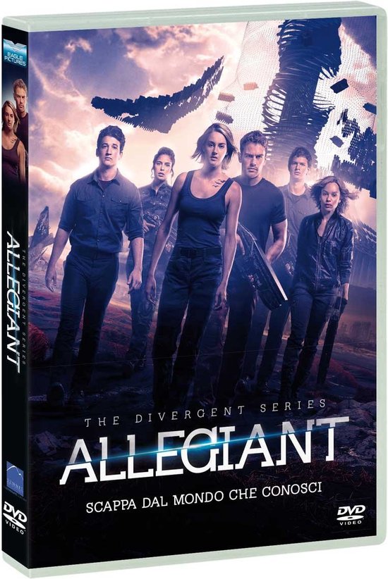 De voorkant van de "Allegiant" DVD met de hoofdpersonages Tris en Four, omringd door de cast, tegen een dystopische achtergrond.