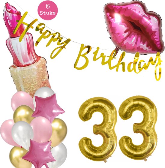 Snoes Beauty Helium Ballonnen Set 33 Jaar - Roze Folieballonnen - Slinger Happy Birthday Goud