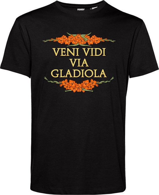 T-shirt Veni Vidi Via Gladiola | Vierdaagse shirt | Wandelvierdaagse Nijmegen | Roze woensdag | Zwart | maat L
