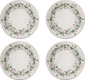 HAES DECO - Ontbijtborden set van 4 - Formaat Ø 21x2 cm - kleuren Groen - Bedrukt Porselein - Collectie: Flower wreath - Servies, kleine borden