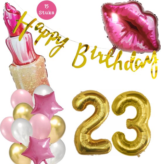 Snoes Beauty Helium Ballonnen Set 23 Jaar - Roze Folieballonnen - Slinger Happy Birthday Goud