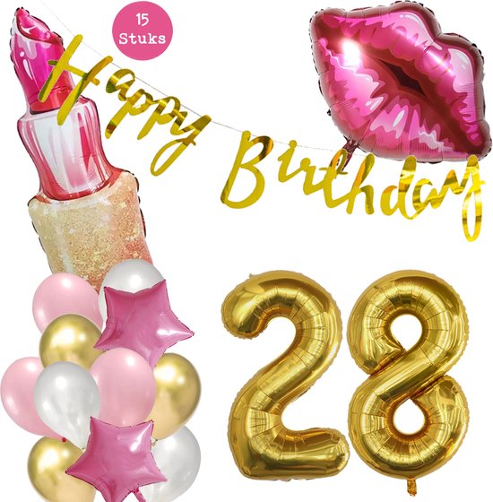 Snoes Beauty Helium Ballonnen Set 28 Jaar - Roze Folieballonnen - Slinger Happy Birthday Goud