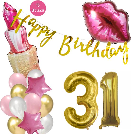 Snoes Beauty Helium Ballonnen Set 31 Jaar - Roze Folieballonnen - Slinger Happy Birthday Goud