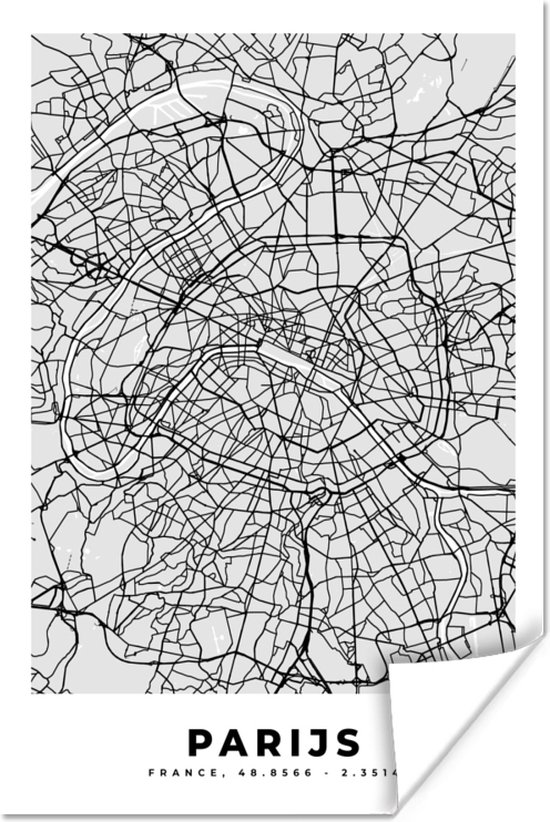 Poster Parijs - Stadskaart - Zwart Wit - Plattegrond - Kaart - 60x90 cm - Kamer decoratie tieners