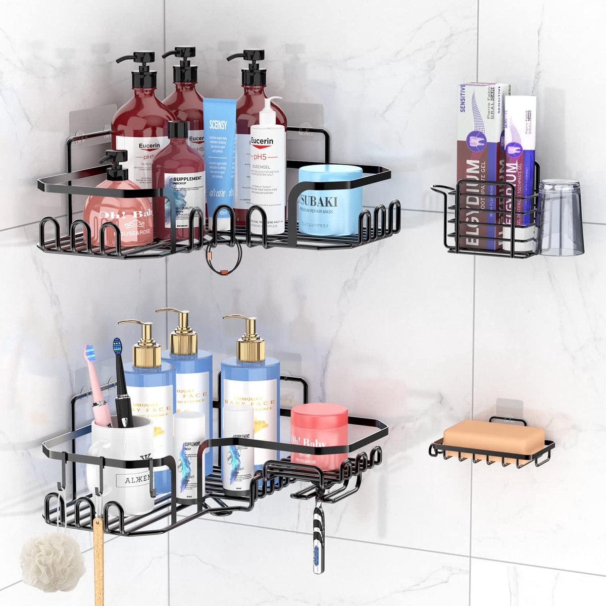 MUSTORN Doucheplank Zuignap Zonder Boren, Doucheplank Hoek, Driehoekige Douchemand, Badkamerrek, Douche Voor Badkamer, Keuken, Toilet, Shampoo En Douchegel (2 Stuks, Grijs