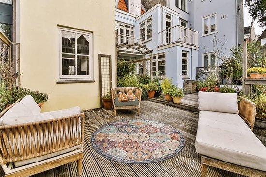 Buitentapijt voor balkon terras of tuin | Coloré Vintage 120x120 | Rond | robuust outdoor Vloerkleed | weerbestendig en UV-bestendi | Binnen en Buiten - The Carpet Palma - the carpet