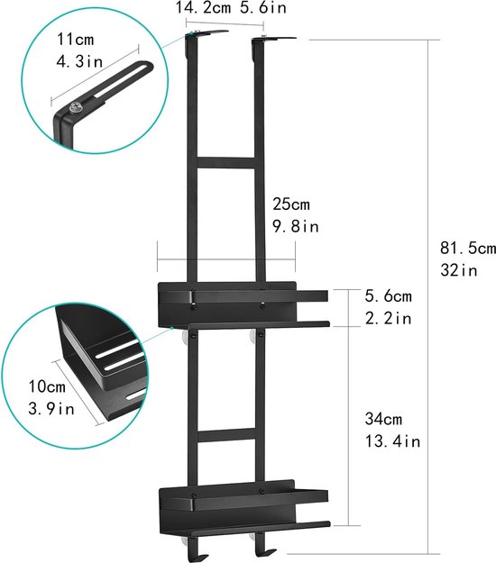 PEALOV Panier De Douche à Suspendre,En Acier Inoxydable - Sur La Porte De  Douche - Étagère D'angle De Douche Avec Ventouse Stable Et Crochets Pour