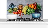 Spatscherm keuken 100x50 cm - Kookplaat achterwand Groente - Fruit - Grijs - Muurbeschermer - Spatwand fornuis - Hoogwaardig aluminium
