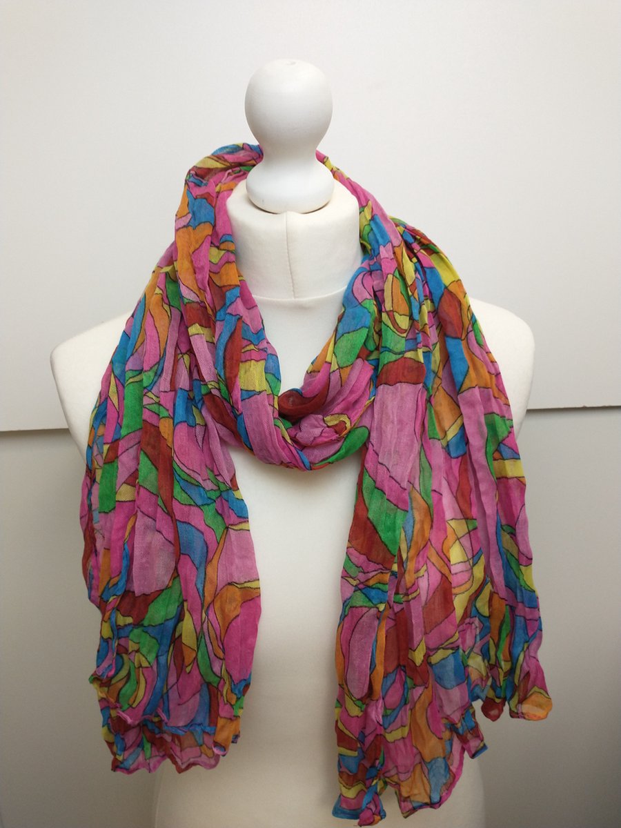 Lange dames sjaal Aryana fantasiemotief fuchsia groen geel blauw rood oranje zwart