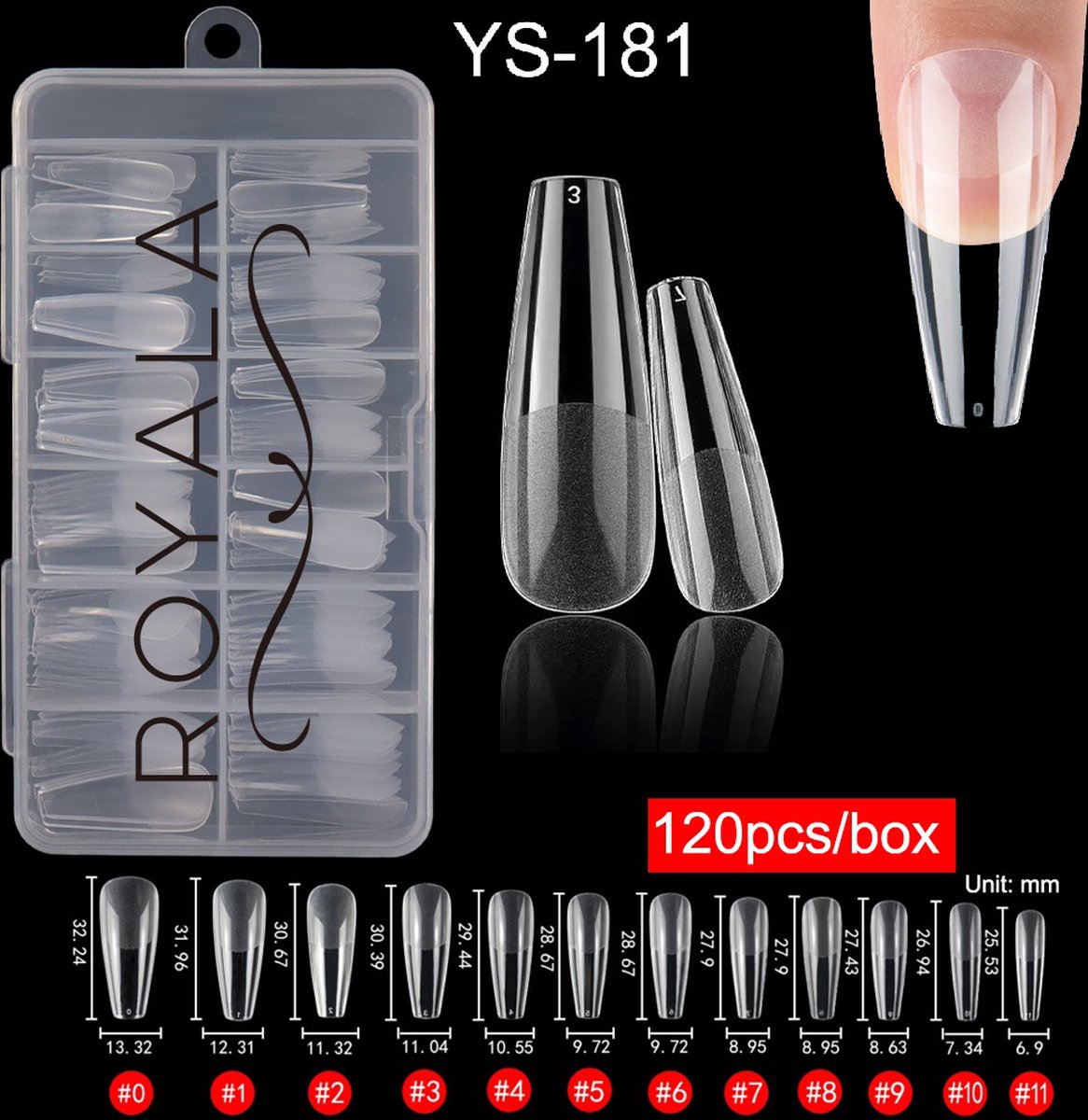 Royala 181 - Ballerina Coffin Half Frosted - Full Cover - Nageltips - Nepnagels - Plaknagels - In Assortimentsbox - 120 stuks 12 maten - Voor Gellak Acrylnagellak en PolyGel nagels - Royala Frosted Tips Line