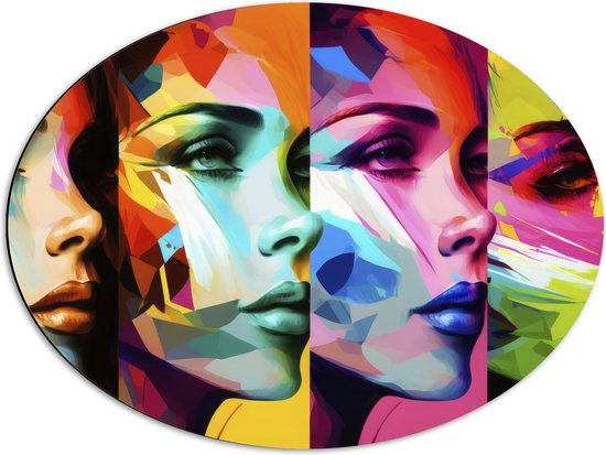 Dibond Ovaal - Artistieke Collage van Zijaanzichten van Kleurrijke Vrouwen - 68x51 cm Foto op Ovaal (Met Ophangsysteem)
