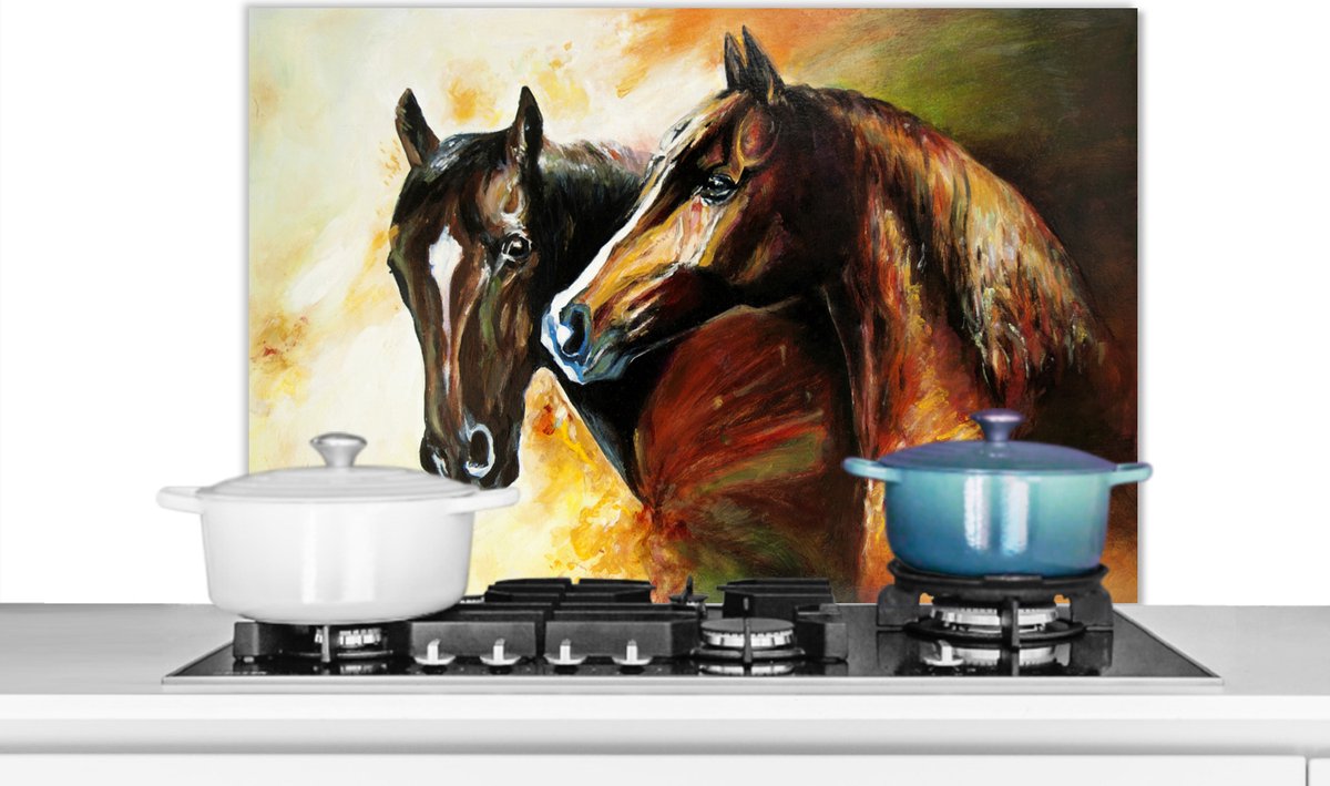 Spatscherm keuken 90x60 cm - Kookplaat achterwand Schilderij - Paarden - Dieren - Olieverf - Muurbeschermer - Spatwand fornuis - Hoogwaardig aluminium