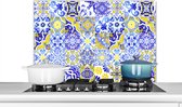 Spatscherm keuken 80x55 cm - Kookplaat achterwand Tegels - Delfts blauw - Geel - Antiek - Patroon - Muurbeschermer - Spatwand fornuis - Hoogwaardig aluminium