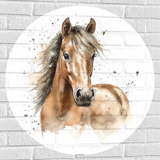 Een ronde muursticker met een detail van een aquareltekening van de kop van een bruin paard met wapperende manen.