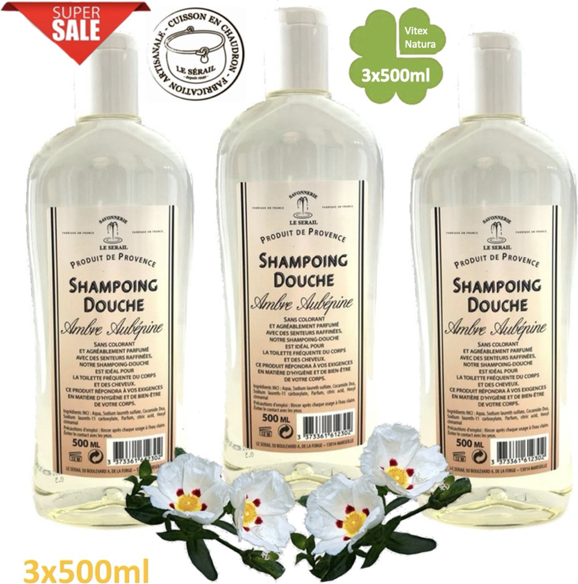 Echte AMBER shampoo douche 3x500ml VOORDEEL pakket. Biologisch ecologisch. Le Serail. HEERLIJK GEURENDE Originele Marseille zeep.