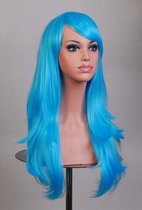 KIMU luxe lange blauwe pruik zeemeermin - mermaid blauw lang haarwerk met schuine pony - turquoise