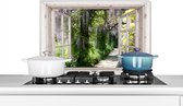 Spatscherm keuken 60x40 cm - Kookplaat achterwand Blauwe regen - Bloemen - Doorkijk - Boom - Lente - Muurbeschermer - Spatwand fornuis - Hoogwaardig aluminium