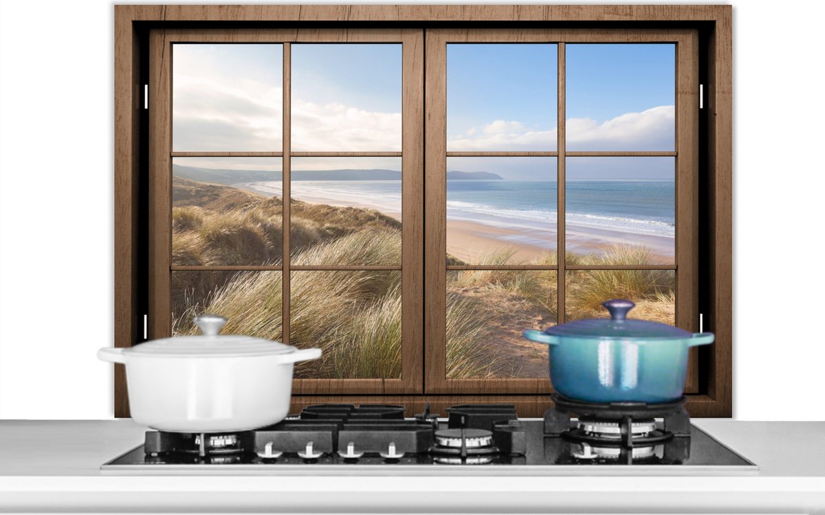 Spatscherm keuken 100x65 cm - Kookplaat achterwand Doorkijk - Strand - Hout - Muurbeschermer - Spatwand fornuis - Hoogwaardig aluminium