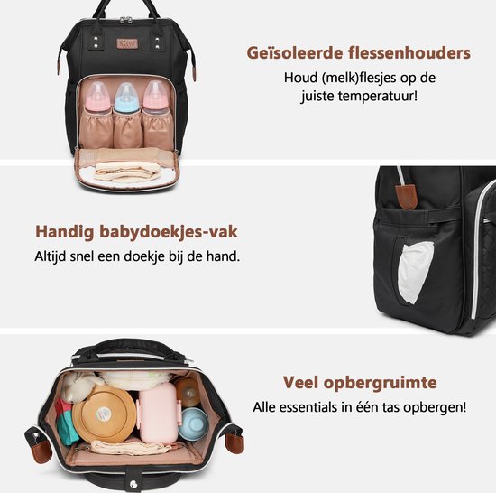 Luiertas Rugzak - Inclusief Buggy en Kinderwagen Haken - Zwart (E6705 BK)
