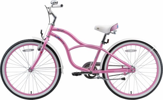 Vélo enfant rose avec selle, guidon, jantes et garde-boue blancs.
