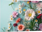Acrylglas - Verschillende Kleuren en Soorten Bloemen op Pastelblauwe Achergrond - 100x75 cm Foto op Acrylglas (Met Ophangsysteem)
