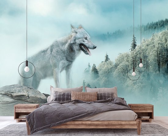 Fotobehang - Natuur - Landschap - Wolf - Bos - Sneeuw - Bomen - Mist - Vliesbehang - 368x254cm (lxb)