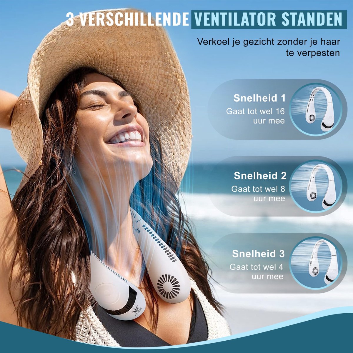 Ferodelli Nekventilator - Draagbare Gezichtsventilator - Neck Fan - Met Koeling - Hals - Hoofd - Inclusief Accessoire - 3 Standen — afbeelding 6