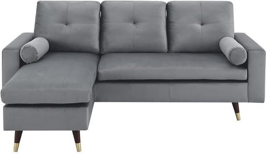 Canapé d'angle fixe réversible - Tissu gris - L 194 xp 139 x H 83 - Bois et pieds dorés - New York