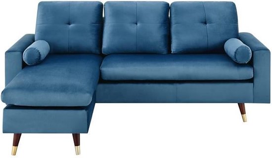 Canapé d'angle fixe réversible - 3 places - Tissu bleu - Bois et pieds dorés - L 194 xp 139 x H 83 - New York