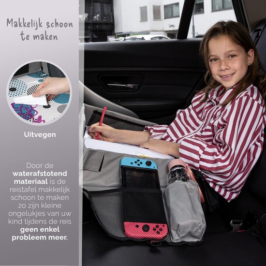 Autodienblad voor kinderen, autostoeldienblad voor kinderreizen, schoottafel reistabletten - reisbureauaccessoires voor kinderen, autostoel-dienblad met verstelbare riem en tas voor kinderen