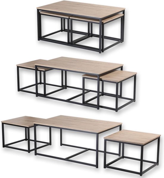 Trois tables basses avec plateaux en bois et cadres noirs, dans différentes configurations.