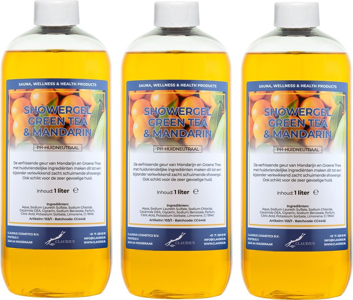 Goedkoopste Claudius Douchegel Green Tea & Mandarin 1 liter - set van 3 stuks - Showergel
