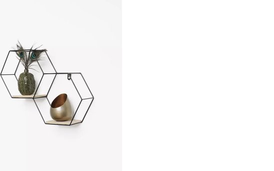 IVOL Zwart metalen wandrek industrieel met 2 houten plankjes - Dubbel zeshoekig - 30,5x41 cm