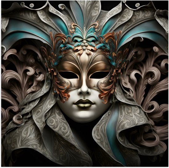 Poster Glanzend – Wit Venetiaanse carnavals Masker met Blauwe en Gouden Details tegen Zwarte Achtergrond - 100x100 cm Foto op Posterpapier met Glanzende Afwerking