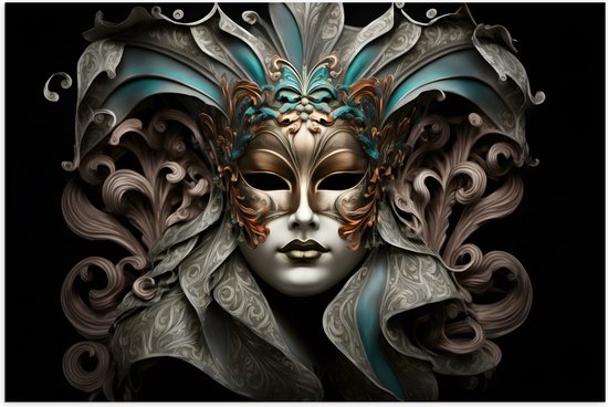 Poster Glanzend – Wit Venetiaanse carnavals Masker met Blauwe en Gouden Details tegen Zwarte Achtergrond - 150x100 cm Foto op Posterpapier met Glanzende Afwerking