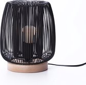 Tafellamp - metaal - lamp - metaaldraad - zwart - industrieel - modern - bureaulamp - dia. 20cm - H 23cm - houtenvoet - excl. lichtbron
